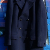 Vintage c1960's Fletcher Jones Blue Woolen & Poly PEA COAT -  Cond Original Label, Dark Blue, medium size - Sold for $62 - 2017