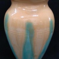 Vintage unmarked CORNWELLS Australian Pottery VASE - Traditional shape w yellow Glaze & Green glazed leaf like sections - approx h 175cm - Sold for $43 - 2017