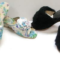 2 x 1960's Ladies slippers inc - BETTA floral wedged mules, size 9B and JIFFY black fluffy wedged mule, size 9 - Sold for $25 - 2017