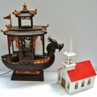 2 x Vintage lamps - novelty  plastic church with musical mechanism and Chinese dragon boat lamp - Sold for $43 - 2017