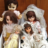 2 x boxes - assorted vintage plastic dolls inc - Evergreen, brides, etc - Sold for $43 - 2017