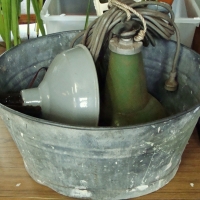 Group lot - Galvanized wash tub with 2 hanging enamel industrial lamps - Sold for $62 - 2017