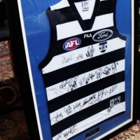 Presentation framed signed AFL Geelong football jumper - 'Go Cats' 2001 Team - approx 91x65cm - Sold for $137 - 2017