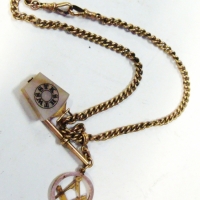 c1900 9ct rose gold curb link Fob chain with 2 swivels, bar, Masonic gemstone fob and medallion - Weight excluding Masonic fob 241 grms - Sold for $546 - 2017