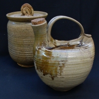 2 x Pieces KAY SCOTT 1980's Australian Pottery - Wine vessel w Handle + Lidded Jar - both with Brown earthy toned glazes & signed to bases - Sold for $31 - 2017