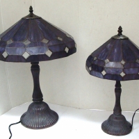 2 x brass table lamps with purple leadlight shades - graduating sizes - Sold for $50 - 2017