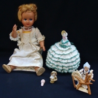 Small box lot vintage dolls, etc incl porcelain half dolls, dressed doll with sleep eyes, etc - Sold for $35 - 2017