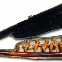 c1860 cased meerschaum pipecheroot holder with carved petitioner, gentleman and dog - Sold for $137 - 2017