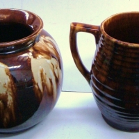 2 x 1930's Bendigo Waverly ware pottery items incl, ribbed brown glazed jug & brown  cream drip glazed bowl - both approx 14cm H - Sold for $37 - 2017