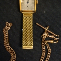 2 x Pieces - Vintage Gold plated Men's Accessories -  Swiss made 1930's Tank Wristwatch w Engraved Decoration to dial + Fob chain w Sliding T-BAR - Sold for $37 - 2017