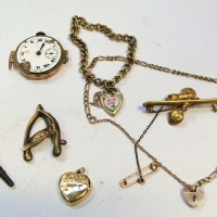 Group lot - vintage Rolex watch, enamel face, 9ct rose gold back (af), kookaburrawishbone brooch, stickpin, 2 x gplate bracelets, incl Small 9ct gold  - Sold for $68 - 2017