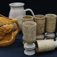 Group lot a post war Australian pottery incl, Charles Wilton jug, Elisher McCallum jug & 6 x matching Victor Greenaway goblets - Sold for $43 - 2017