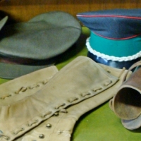 Group of Vintage military clothing including Officers Hats, gaiters, etc - Sold for $87 - 2017