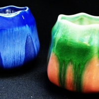 2 x 1940s Melrose Australian Pottery vases  Blue  and reen & pink - both 7cm tall - Sold for $37 - 2017