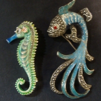 2 x Colourful 1950's Enameled brooches - SEAHORSE & Fan Tail Fish - both w Marcasite detail - Sold for $62 - 2017