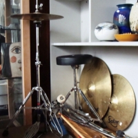 Group of drummer equipment incl cymbals, kick pedals, stool etc - Sold for $37 - 2017