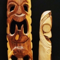2 x  Large Oceanic wood carvings -  large tiki mask 90cmH and Vanuatu slit gong god 60cmH - Sold for $43 - 2017