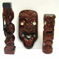 3 x Vintage Maori carvings Mask and 2 Tikis (one money box) tallest 30cm - Sold for $50 - 2017