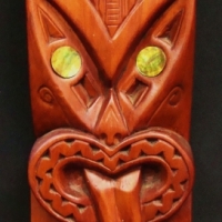 Carved wooden Maori Mask with 2 paua shell eyes - 38cmH - Sold for $56 - 2017