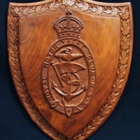 Hand carved walnut timber, shield shaped wall plaque - 'Royal Motor Yacht Club NSW' - Sold for $62 - 2017
