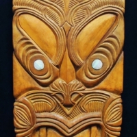 Large carved wooden Maori Mask with 2 paua shell eyes - 68cm - Sold for $75 - 2017