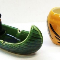 2 x Pieces - 1950's Ceramics - CULA Australian Pottery vase w HPainted Aboriginal design + Novelty Boy in Canoe ashtray - Sold for $43 - 2017