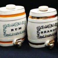 Group lot Wade pottery spirit barrel decanters- Rum, Scotch, Brandy and Gin - Sold for $50 - 2017