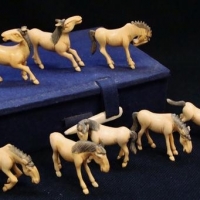 Vintage boxed set of 8 finely carved miniature ivory Horses (1 af) - Sold for $248 - 2017