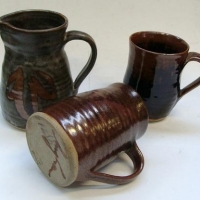 3 x pieces 1970s Harold Hughan Australian stoneware pottery mugs and jug - Sold for $43 - 2017