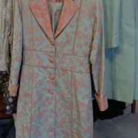 4 pces Lady Class Collection light weight ensemble - peach and soft green floral brocade coat, short sleeve top, pants and skirt in soft green with pe - Sold for $112 - 2017