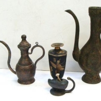 Group lot - metal wares - Greek Bronze Urn, Israeli bronze mini Oil Lamp, pair Egyptian Vases, etc - Sold for $37 - 2017