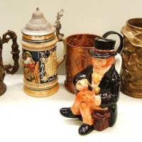 Group lot Beer steins and mugs incl brass and copper - Sold for $37 - 2017