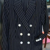 Ladies Louis Feraud fine wool  suit - black and tfine white stripe, long single breasted jacket, straight skirt, carved mother-of-pearl buttons (44) - Sold for $62 - 2017