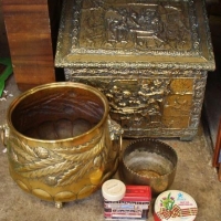Vintage pressed brassfire box and brass jardinire - Sold for $81 - 2017