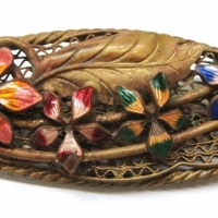 1920s filigree leaf brooch with enameled flowers - Sold for $43 - 2017