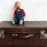 2 x Items - 1940s composition boy Doll (af) & brown leather suitcase - Sold for $25 - 2017