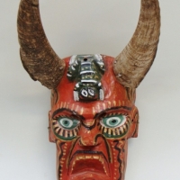 Fab Carved wooden TRIBAL mask - THE DEVIL - applied Natural HORNS, HPainted dcor with frog on third eye - Sold for $31 - 2017