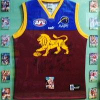 Framed Brisbane Lion's Millennium Team 2000 collage incl vest with signatures & collector cards - Sold for $186 - 2017