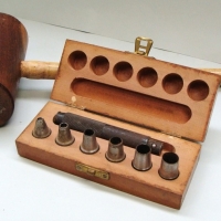 Group lot -  wooden mallet & set of 6 leather punches with removable head - Sold for $50 - 2017