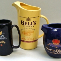 Group of 3 Scotch Whisky water jugs - Bells, Clan Campbell & Crown Royal scotch whisky - Sold for $37 - 2017