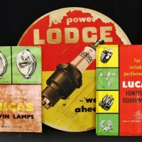 Group of Vintage cardboard advertising - Lucas Lamps & Lodge spark plugs - Sold for $68 - 2017