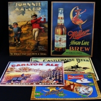 Group of reproduction metal signs Incl Johnnie Walker, Castlemaine Beer, Millers etc - Sold for $43 - 2017