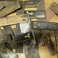 Large group of carpenters squares etc incl 1880s Stanley rosewood squares - Sold for $106 - 2017
