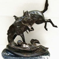 Vintage spelter cowboy figurine on marble base - Wicked Pony signed Frederic Remington - Sold for $193 - 2017
