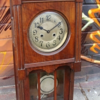 c1900 American wooden wall mounted clock with chimes and pendulum - Sold for $62 - 2017
