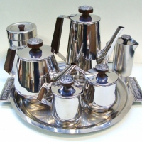 1970's stainless steel tea and coffee service by Lucky Wood Japan - Sold for $35 - 2017
