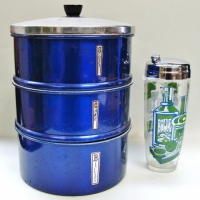 2 x Retro Items - Blue Anodised Stacking CAKE Tin Set & Cocktail shaker w Enameled decoration - Sold for $25 - 2017