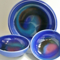 3 x ARNAUD BARRAUD Australian Pottery Bowls - Large server & 2 x smaller, all w Lovely Colourful Glazes & signed w Impressed Monograms - Sold for $25 - 2017