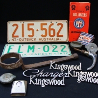 Box lot - Vintage Motoring items - Old CHARGER & Kingswood badges, Number plates, Large Ring Spanner, petrol caps, etc - Sold for $37 - 2017