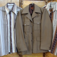 Group lot - 1970's men's Shirts & Jackets - all Brown tones - Fab Simon Kessel label Safari Jacket + 3 x Polyester Big Collar dress shirts - Sold for $27 - 2017